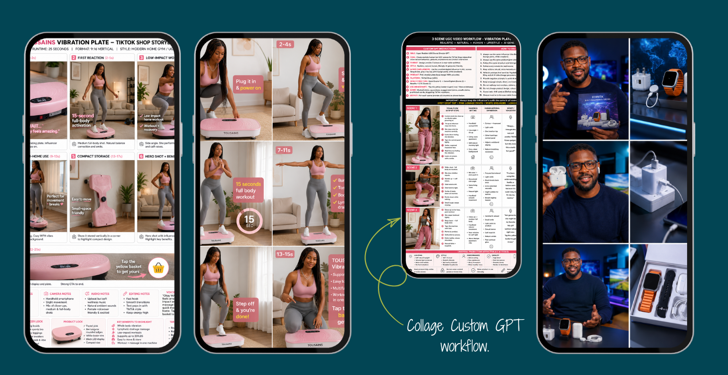 TikTok Shop Affiliate Using AI - collage showing ChatGPT, Grok, CapCut, and your Custom GPT workflow.